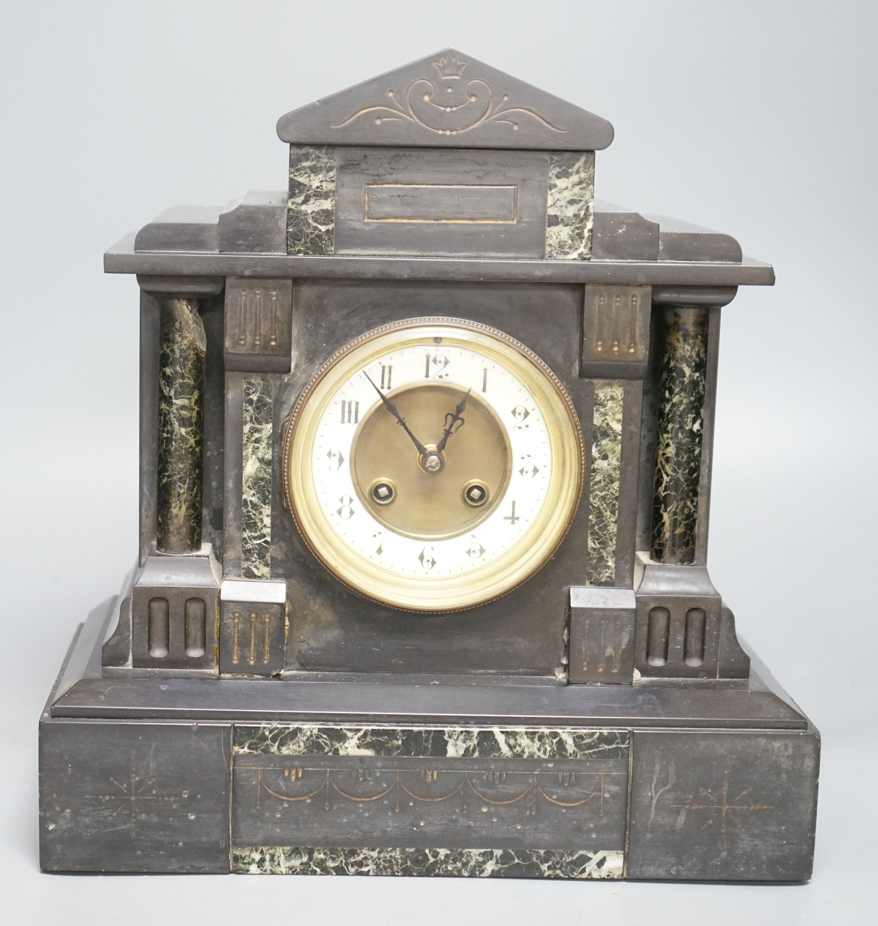 A Victorian slate mantel clock 33 cm high